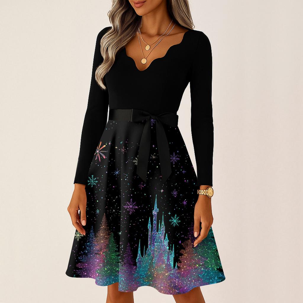 Women's Casual Fashion V-neck Long Sleeved Retro Christmas Print Retro Dress