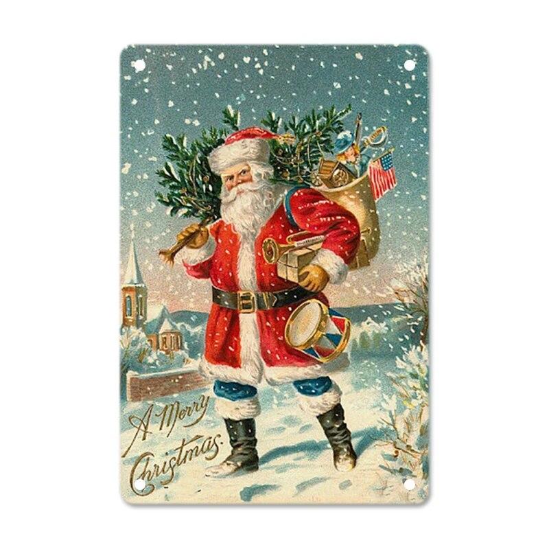 Merry Christmas Posters Tin Sign Cute Snowman and Santa Claus Metal Plaque Wall Art Decor Christmas Gift