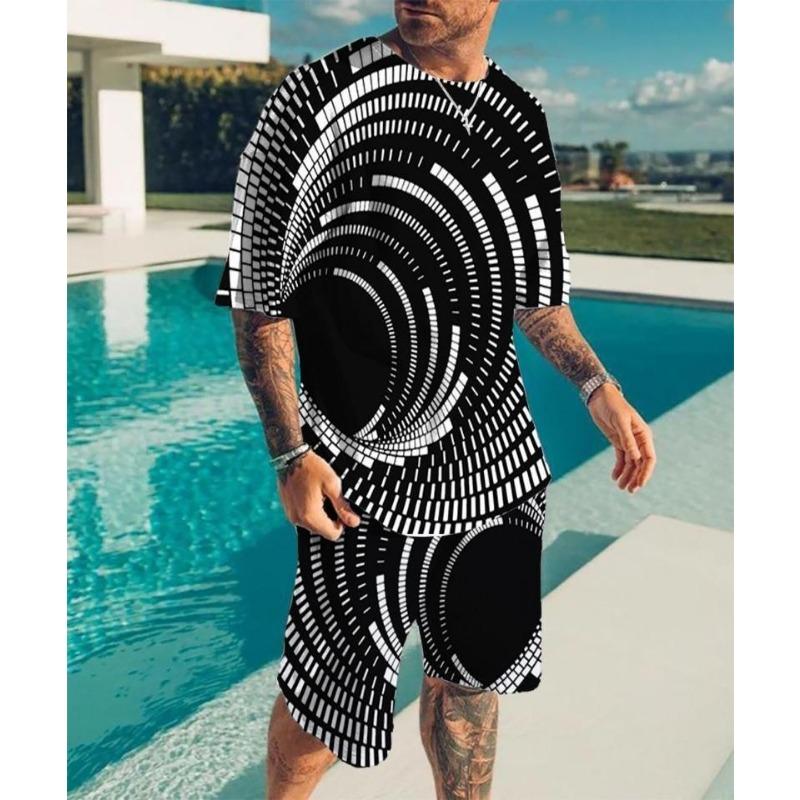 2025 New Men's Round Neck T-shirt Set Printing Optical Illusion Pattern T-shirt Two Piece Set Fashion Men's Summer T-shirt Set