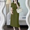 Женское повседневное платье с отложным воротником, летнее, с коротким рукавом, однотонное