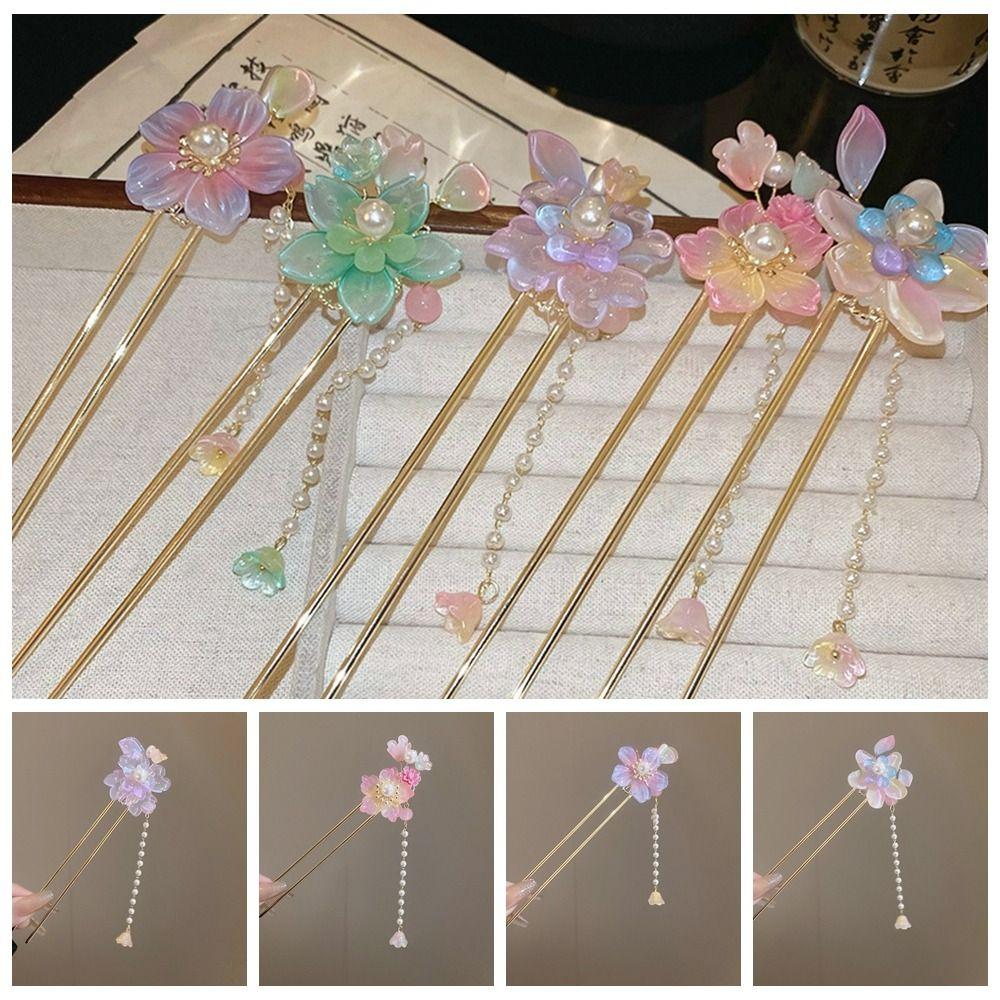 Exquisite Flowers Pearl Tassel Hairpin Fashion Flower Headdress Ancient Style Hair Stick  Hanfu