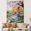 Japanese Anime Girl Illustration Tapestry Wall Hanging, Cute Manga Character Art, Anime Wall Decor for Bedroom Living Room Dorm