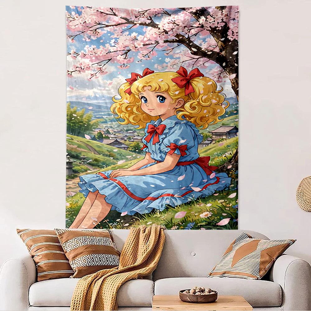 Japanese Anime Girl Illustration Tapestry Wall Hanging, Cute Manga Character Art, Anime Wall Decor for Bedroom Living Room Dorm
