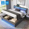 Upholstered Bed Large Storage Space LED Lighting Stable Frame Sturdy Double Construction with USB Ports Modern Wood Slatted Functional