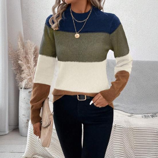 Женские вязаные топы с круглым вырезом, вязаные пуловеры, топы с длинным рукавом, цветные блоки, свободный подол, H-образный, теплый
