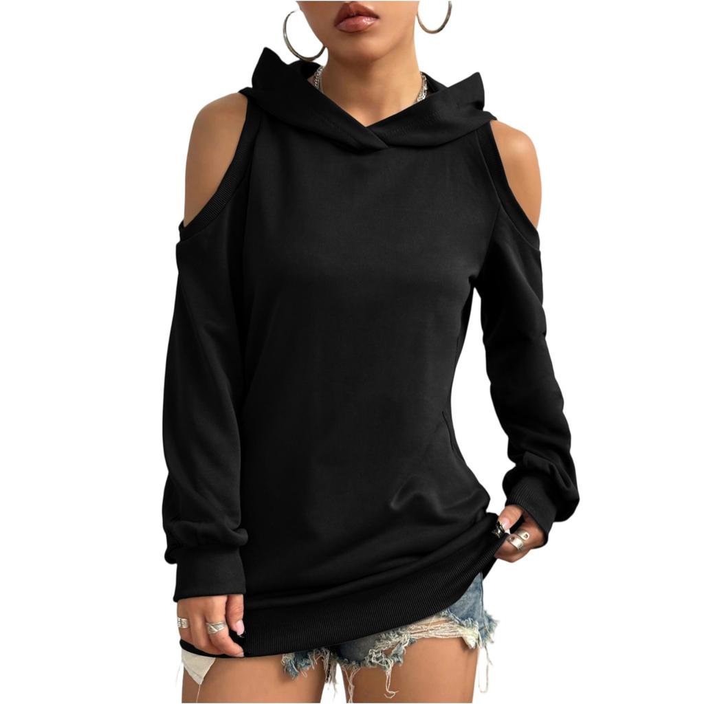 Женский модный повседневный однотонный худи с длинными рукавами и открытыми плечами