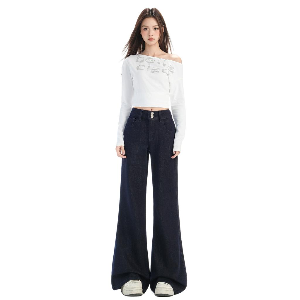 American Vintage | Double Button Design | Loose and slightly pulled jeans women's denim blue trousers pattern