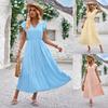 Women Spring Solid Color V-Neck Short Lotus Leaf Sleeve Slim Dress Summer Casual A-Line High Waist Layered Long Dresses