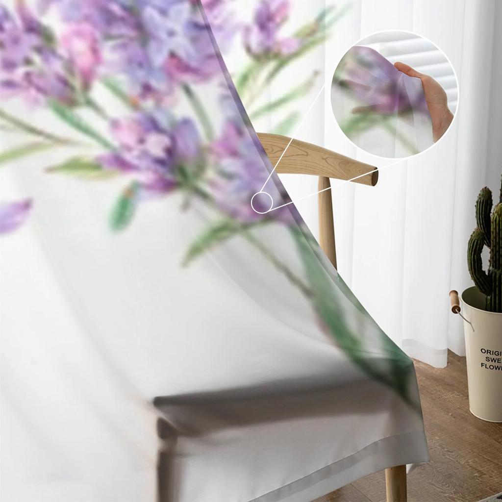 Акварельные цветы лаванды, прозрачные шторы для гостиной, спальни, кухни, тюлевые занавески, декоративные прозрачные панели для дома