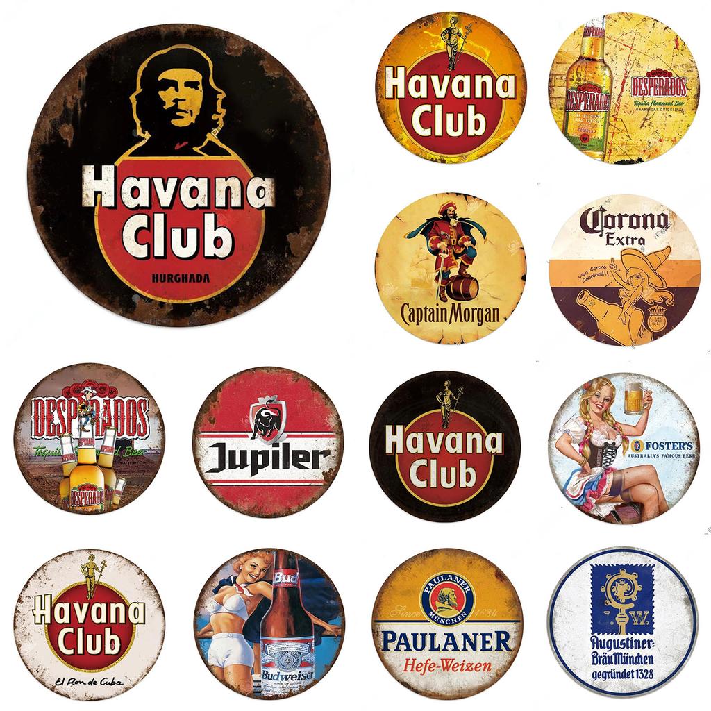 Vintage Retro Beer Rum Brand Round Tin Sign Set Classic Alcoholic Beverage Wall Decor for Bar Pub Man Cave Kitchen Home Beer