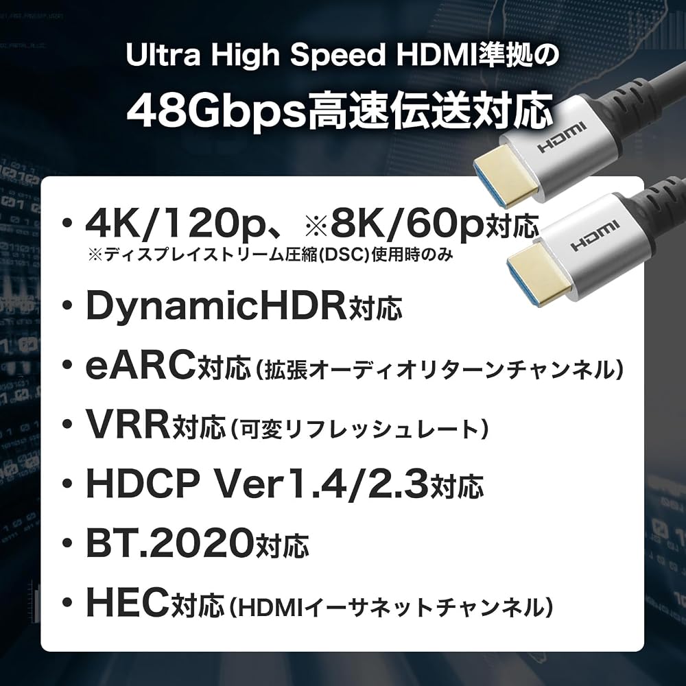 HORIC HDMI Cable 5m 8K/60p 4K/120p 48Gbps HDMI 2.1 HDR Silver SV50-015BK