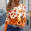 Женские осенние топы с принтом опавших листьев и кошек, повседневная футболка с длинным рукавом, топ, блузка