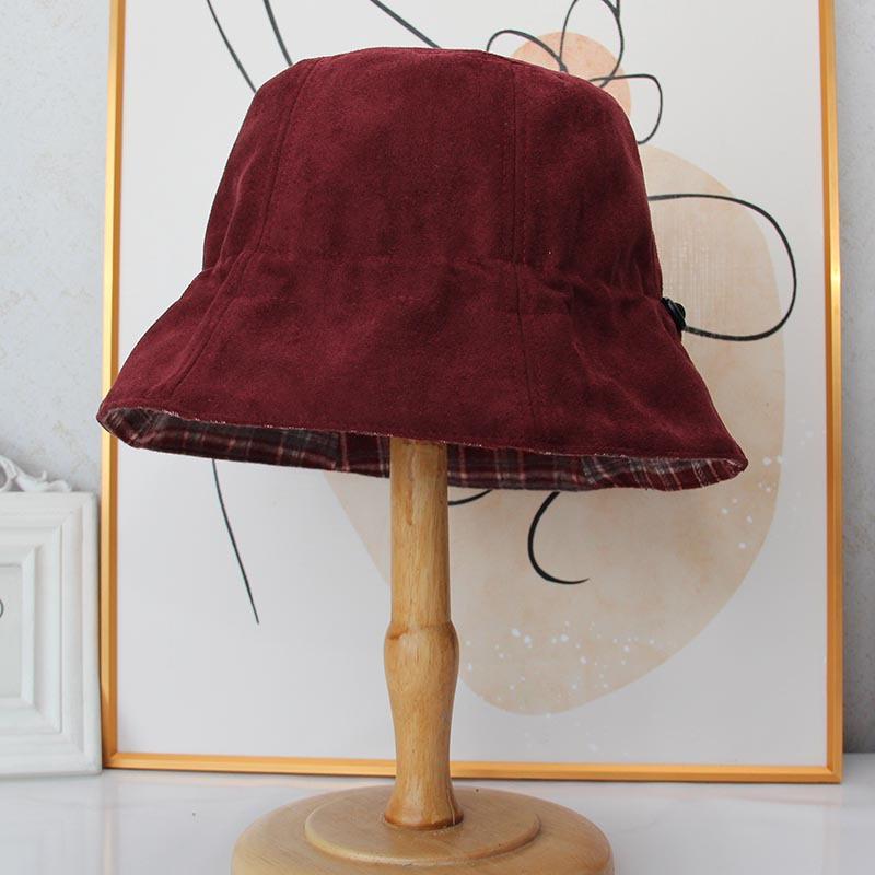 Plaid double-sided suede bucket hat women's autumn and winter new basin hat versatile face small plain bucket hat