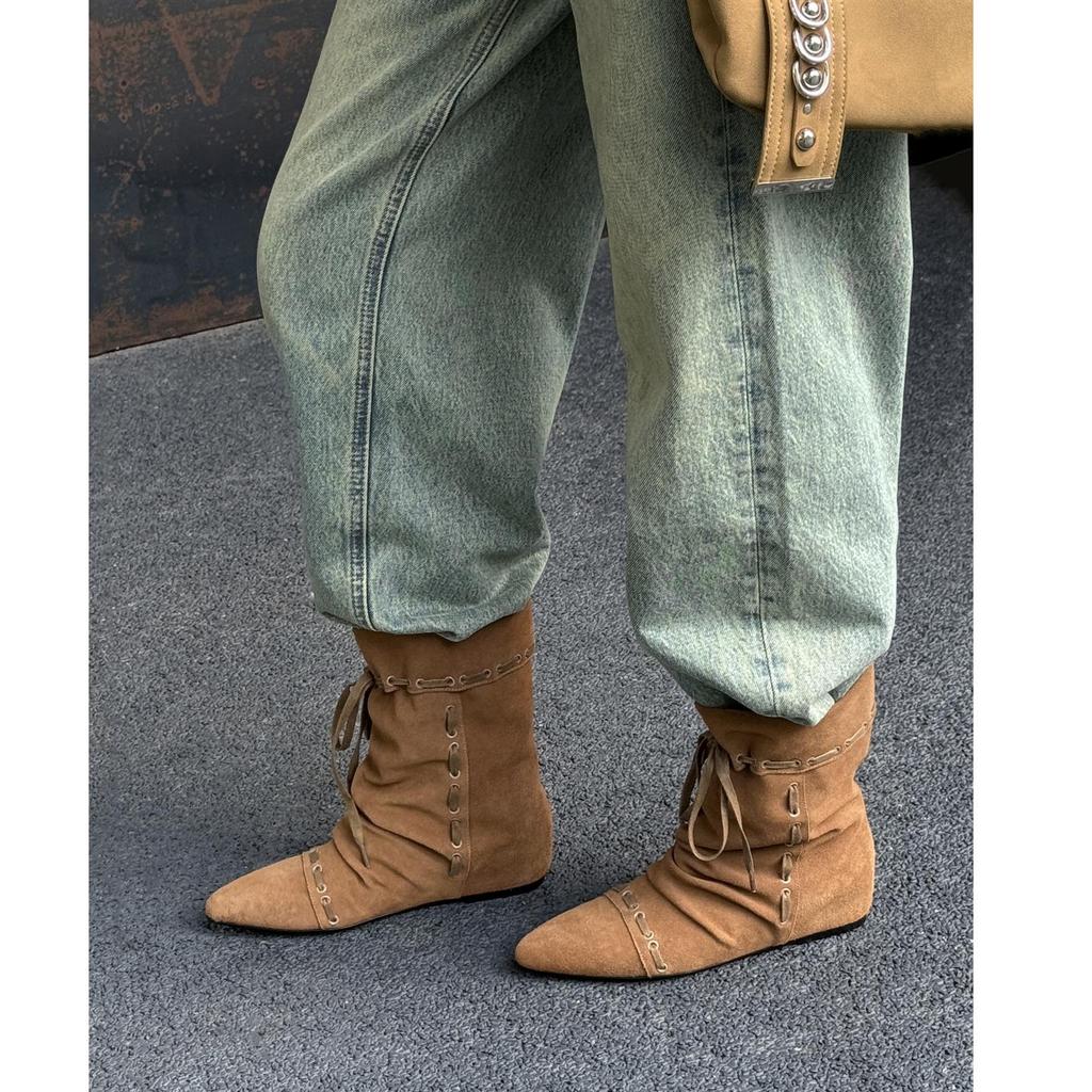 Нишевые ретро остроносые штабелируемые сенсорные складные двухниточные штабелируемые ботинки женские ремни Maillard ковбойские ботинки в западном стиле