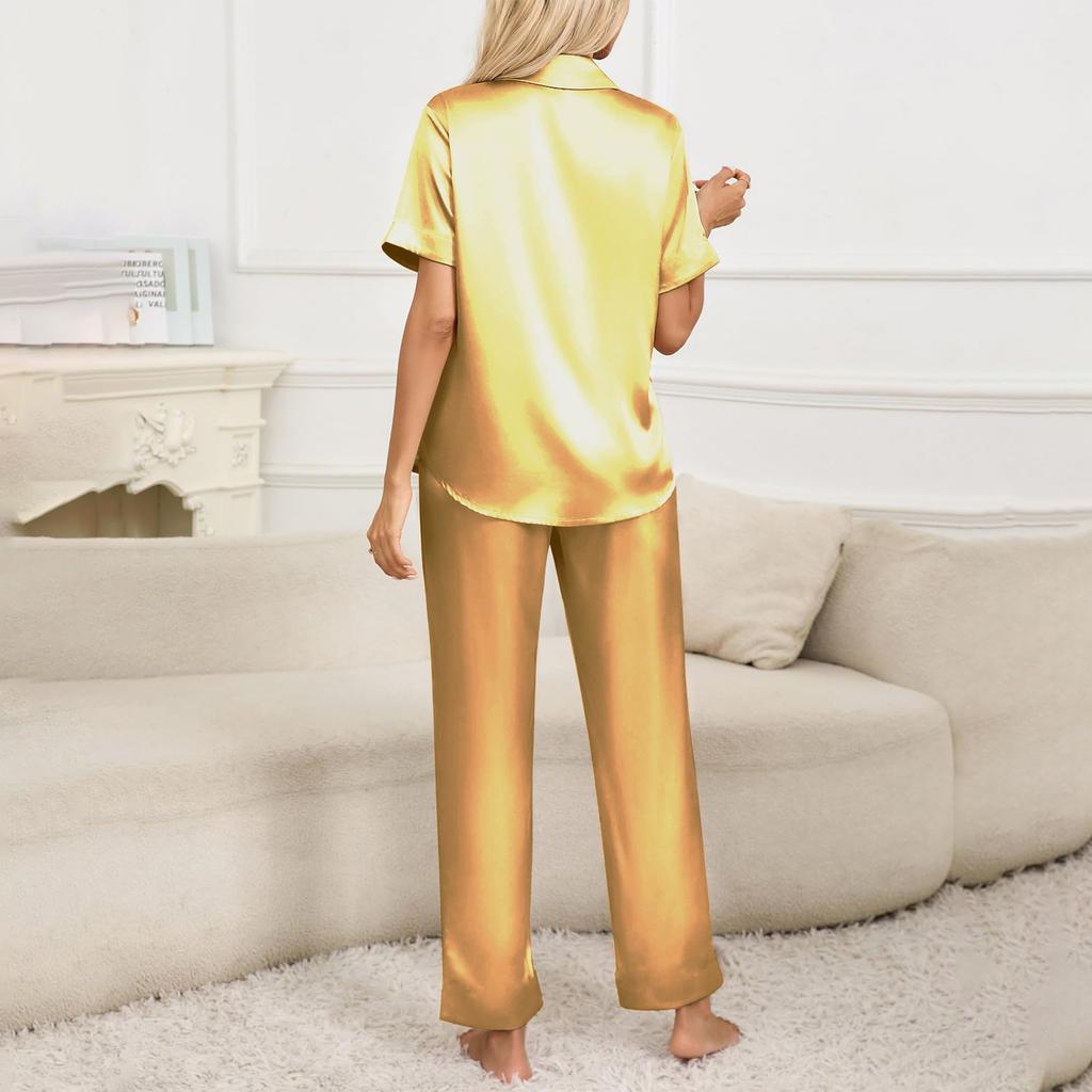 Женский шелковый однотонный пижамный комплект, женская пижама из двух частей с короткими рукавами и длинными брюками, пижама на пуговицах и домашняя одежда