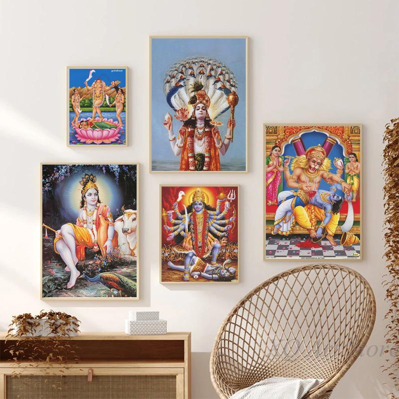 Винтажный постер в индуизме Дурга Шива Вишну, холст, картина, настенная картина, художественные принты с индуистской преданностью для дома, гостиной, без рамы