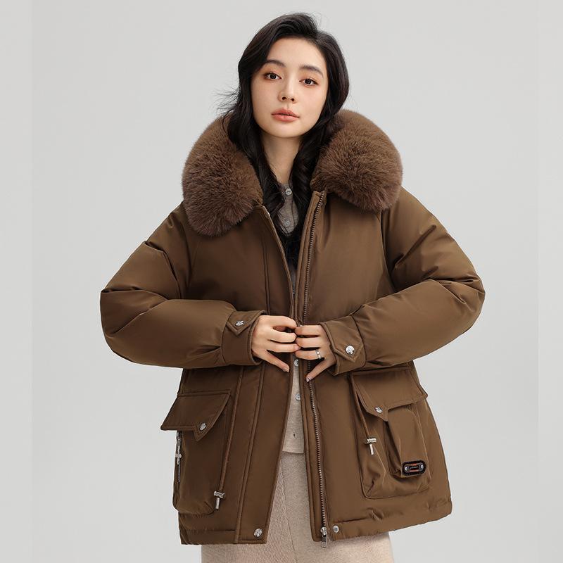 Winter Thickened Parker Jacket Women's Waist Was Thin, Hooded Big Fur Collar Warm Cotton Jacket
