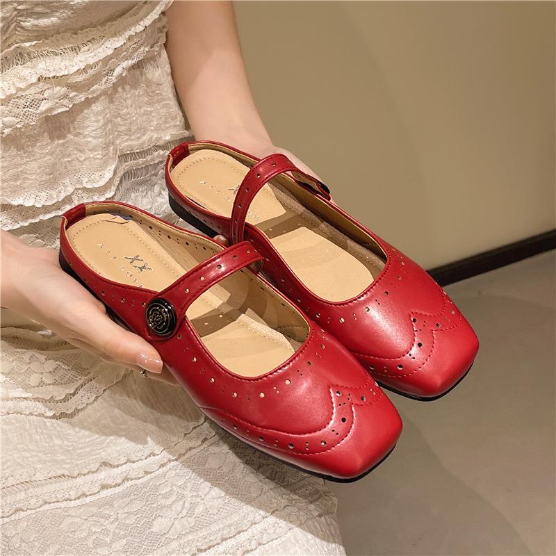 French Fairy Wind Bag Head Half Slippers 2025 New Imitation Leather Outer Wear Versatile Low Heel Sandals Gentle Muller Shoes Women