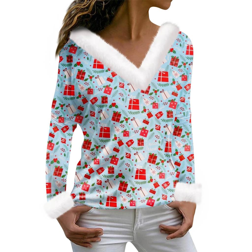 Женская футболка с рождественским принтом, футболка с длинным рукавом, флисовый воротник, топ с V-образным вырезом