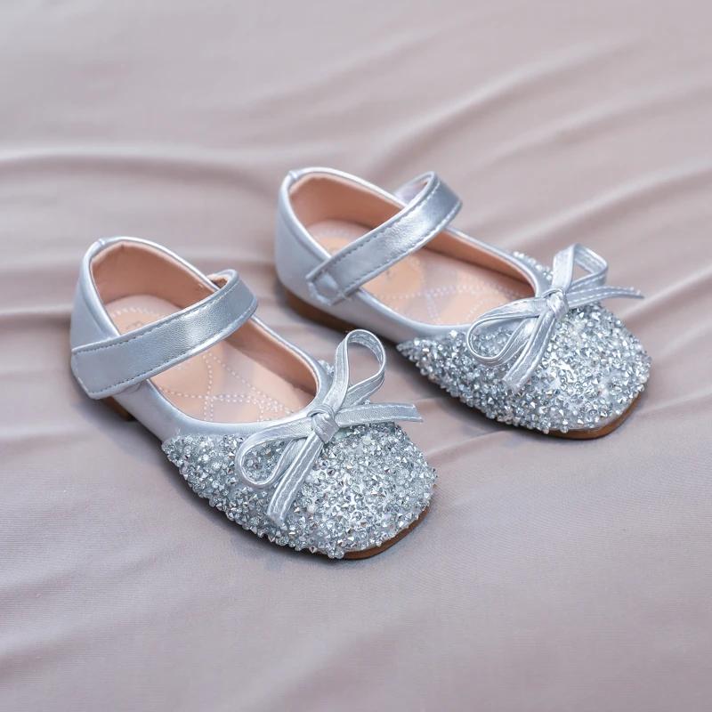 Роскошные туфли для девочки Стразы Шикарные Детские кожаные туфли Весна Осень Бантик Детская мода Принцесса Повседневные Вечерние Балетки