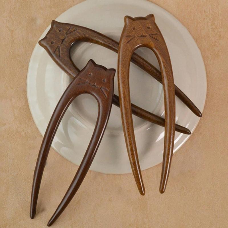 Деревянная заколка для волос с узором «Художественные кошки» Уникальная вилка для волос Этнический стиль Заколка для волос для женщин и девочек Этнические аксессуары для волос