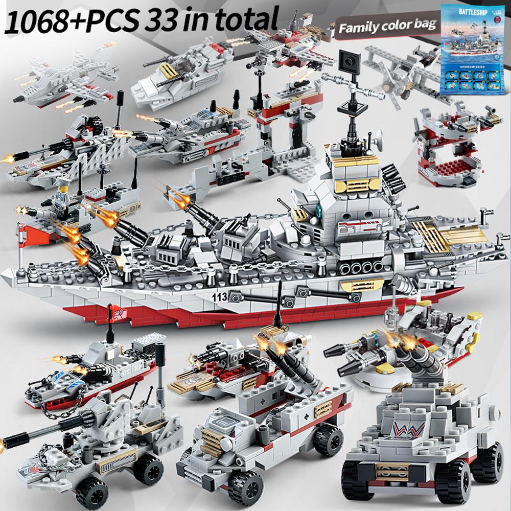 1068PCS Военный комбинированный строительный набор, все в 1 Cruiser Ocean Ship Building Blocks Set с военным кораблем Подарки для игрушек Мальчики Дети