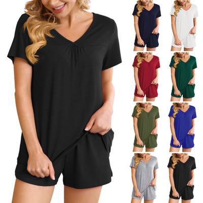 2 шт./комплект женский летний пижамный костюм V-образный вырез короткий рукав пижамы комплект домашняя одежда