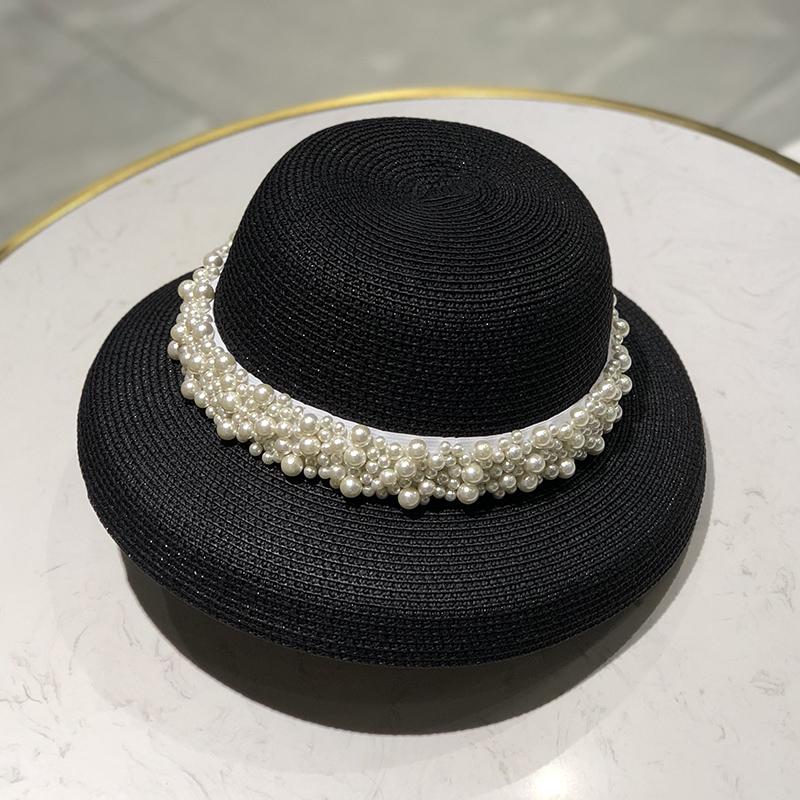 Ретро женская соломенная шляпа с широкими полями и жемчугом, с черным экраном для защиты лица, для летнего пляжного отдыха