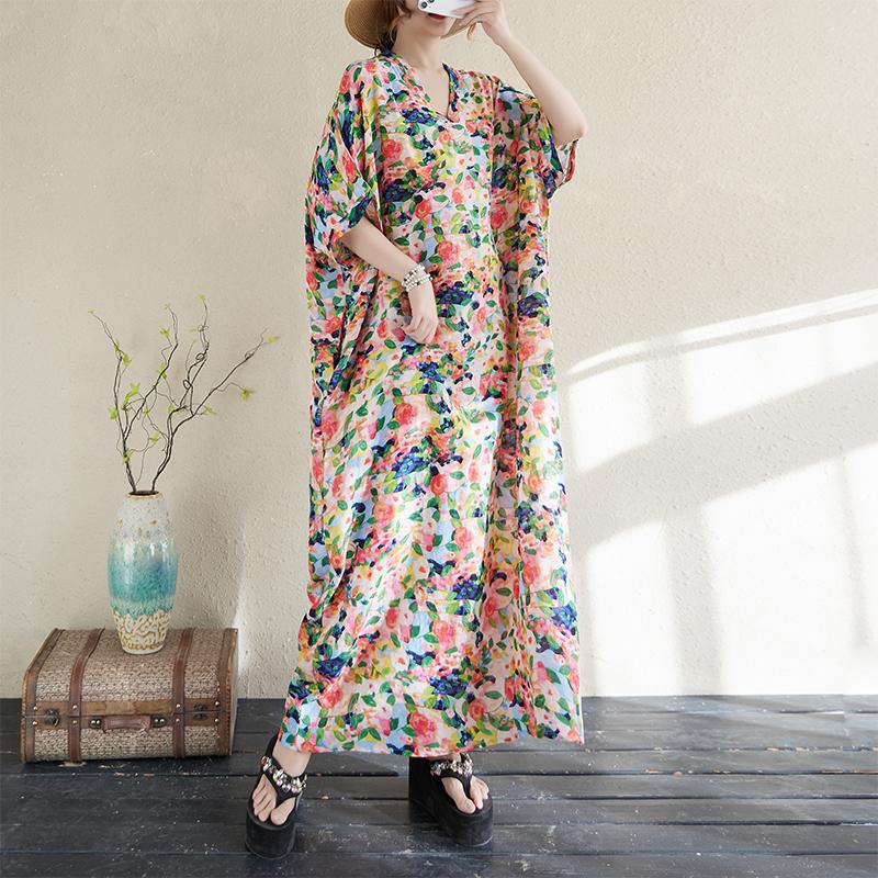 Dimanaf 2025 Женское Летнее Платье Большого Размера Цветочное Повседневное Винтажное Платье Базовое Свободное Длинное Платье Макси с V-образным Вырезом