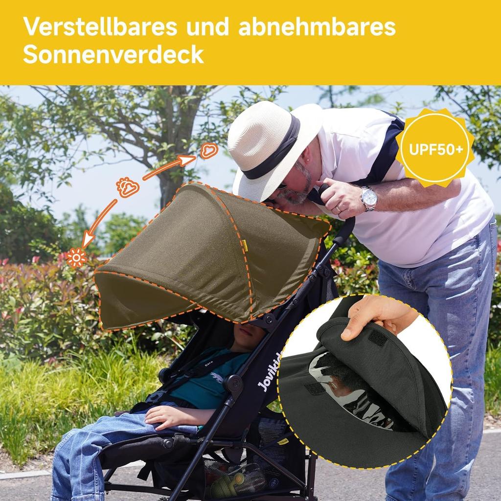 Jovikids Stroller, Small Foldable Buggy with Reclining Function, Foldable Travel Buggy up to 22kg Incl. Sun Canopy, Rain Cover and Cup Holder (Black)