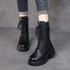 Genuine Leather Mid-calf Boots Retro Plush Warm Thick Heel Round Toe Lace-up Women's Boots