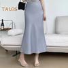 Women Fishtail Skirt High Waist Fishtail Hem Maxi Skirt Solid Color Retro Satin Texture Hip Wrapped Skirt