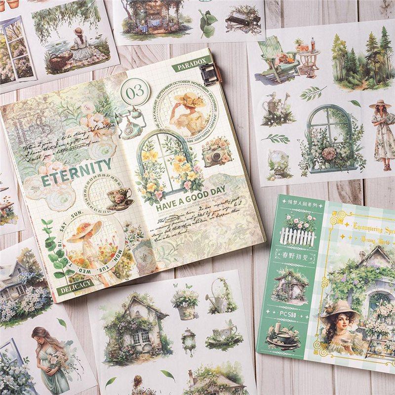 ABBY-Garden Junk Journal Stickers, Scrapbook Supplies 50 Sheets, Watercolor For Adults Green