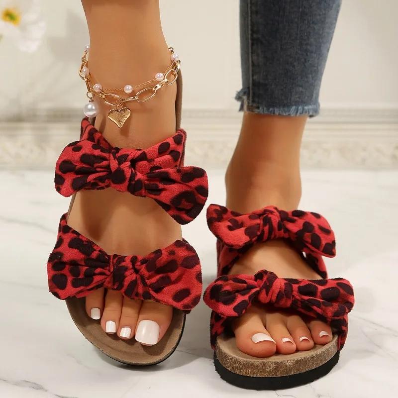 Fashion 2024 Hot Sale Shoes for Women Open Toe Women's Slippers Summer Rome Bow Tie Leopard Print Outdoor Casual Beach Flat Slippers