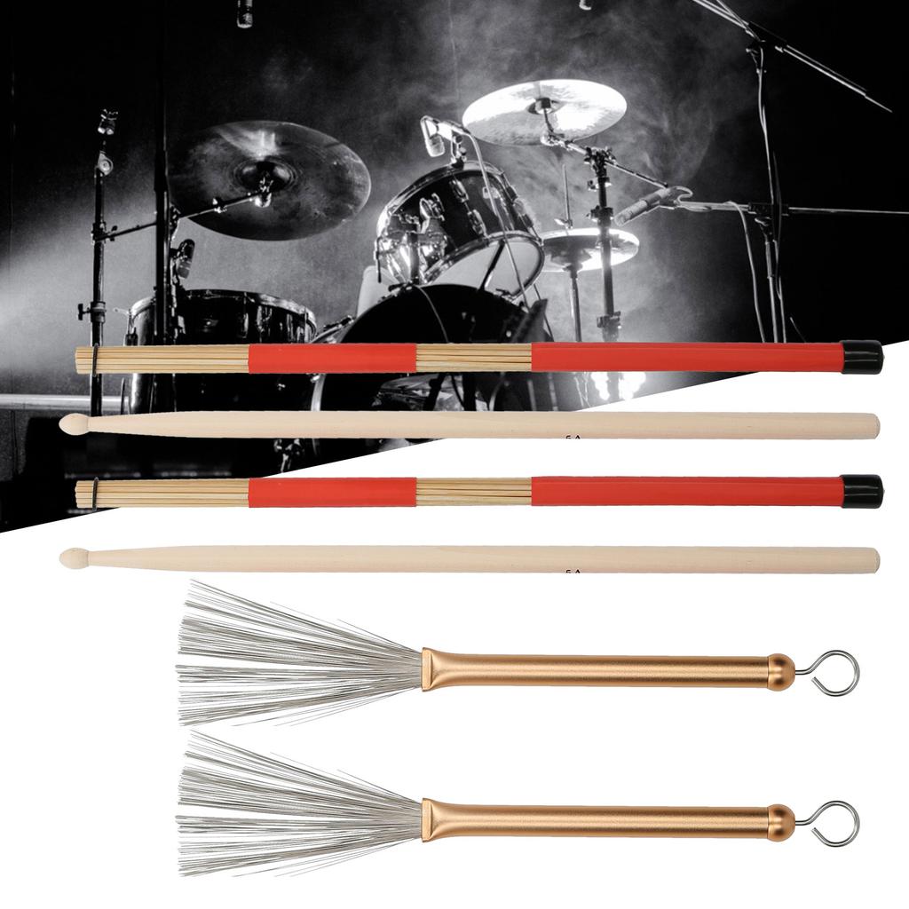 Drum Stick Brush Set Jazz Retractable Metal Wire 5A Bamboo Rod 19 Beam Stick Plush Bag(Gold )