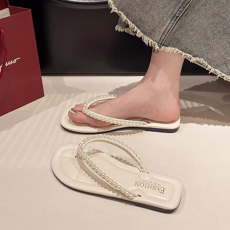 Женские летние 2025 шлепанцы с жемчугом и стразами, нескользящие: Элегантные уличные пляжные шлепанцы