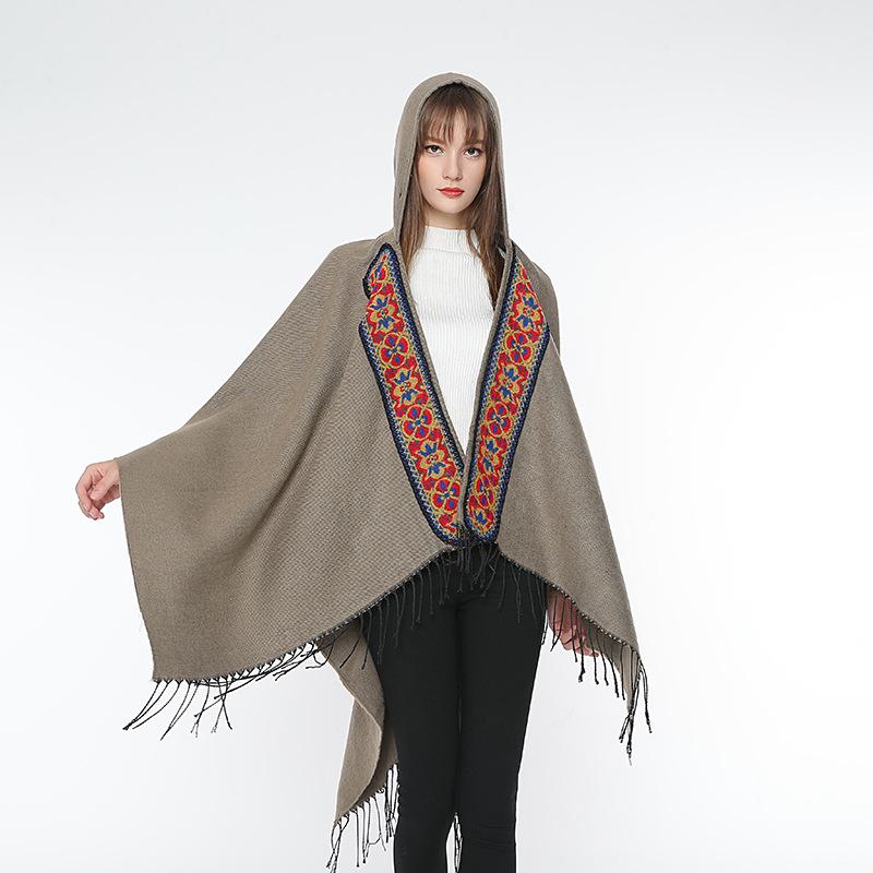 Autumn and Winter Style Imitation Cashmere Scarf, Women's Retro Fringed Embroidered Hat, Thickened Shawl, Cape