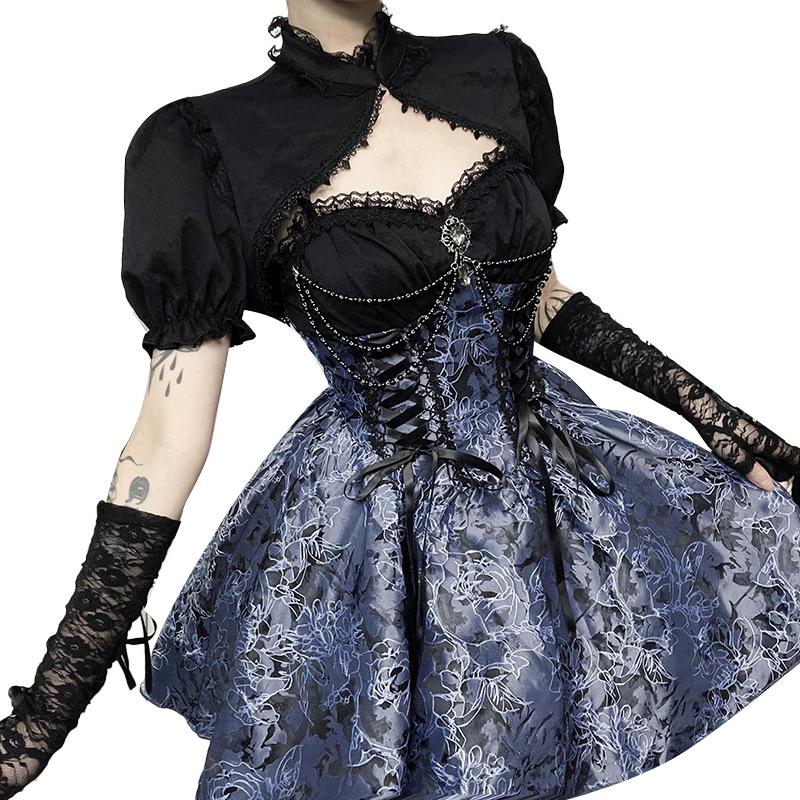 Gothic Dark Two-Color Jacquard Sling Dress & Lolita Cardigan Set