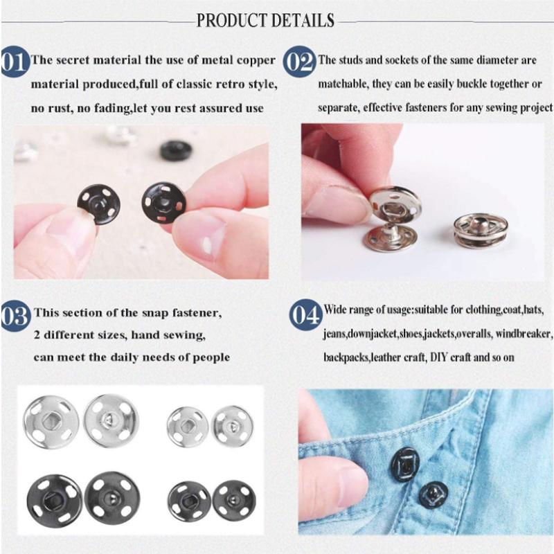 10-50 Sets Sew-On Snap Buttons Metal Snaps Fasteners Press Studs Buttons For Sewing, 10Mm And 21Mm,Black Silver And Golden
