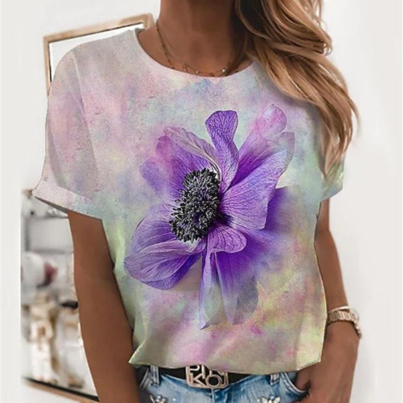 2023 New Women's Summer Short Sleeve T-shirt 3D Floral Print Round Neck Loose Casual Style T-shirt