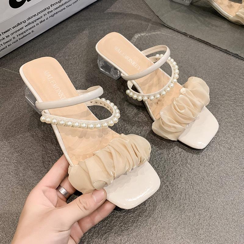 Two Wearing Sandals Female 2025 Summer New Internet Celebrity Fairy Wind Thick Heel Non-slip Outer Wear Crystal High Heel Cool Slippers