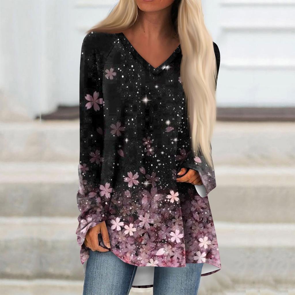 Women's Casual Long Sleeved V-neck Floral Print Long Loose T-shirt Top