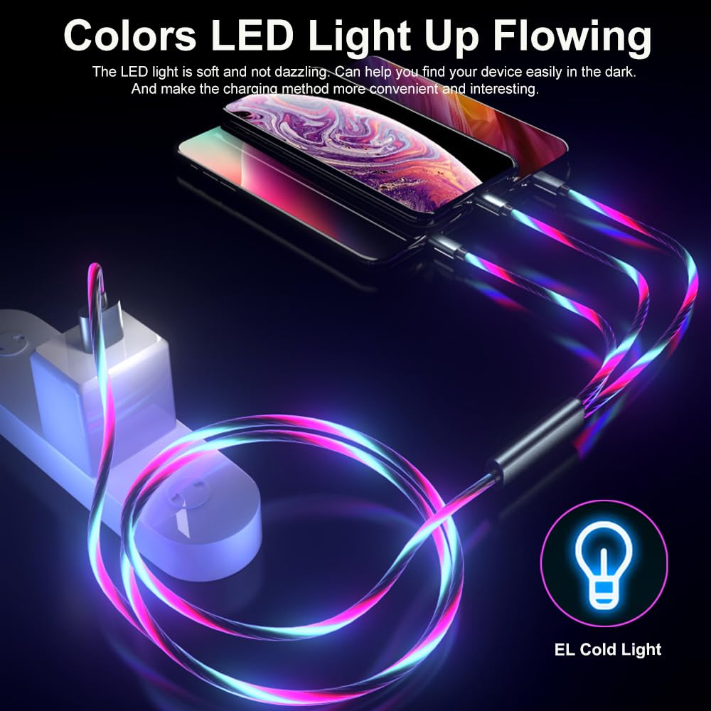 3-в-1 многофункциональный кабель для зарядки с цветной светодиодной подсветкой USB на Type-C/Micro USB/Lightning многофункциональный кабель для зарядки USB шнур для быстрой зарядки для телефонов iPhone и Samsung
