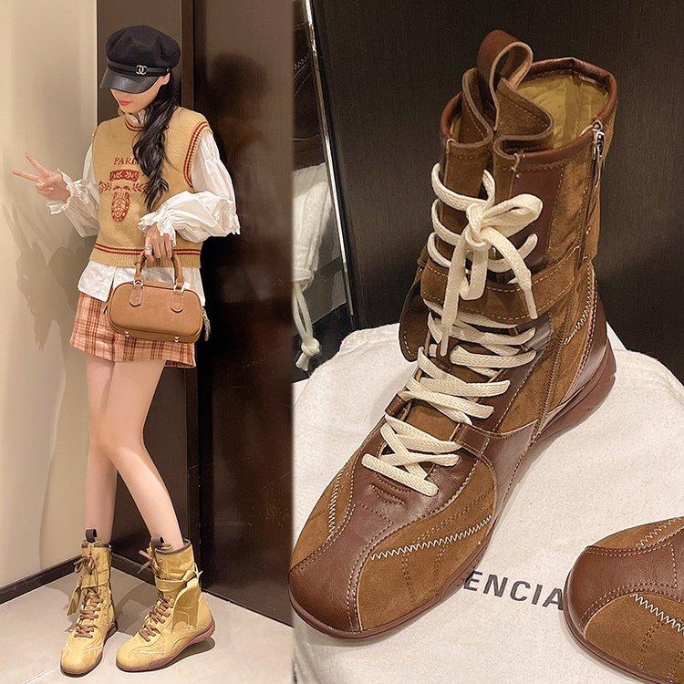 Модные Ретро Боксерские Ботинки на Шнуровке Женские Дизайнерские Модные Подходящие на Каждый День Ботильоны до Щиколотки Рувнай на Массивном Каблуке Спортивные Рыцарские Ботинки Женские