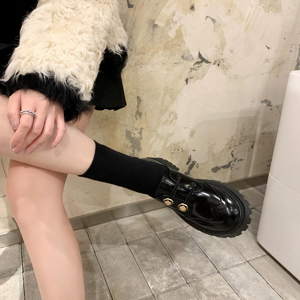 Lacquer Leather Leather Loafers Women's Soft Thick Soles, Round Head, Small Leather Shoes, Gold Buckle, Block, One Pedal