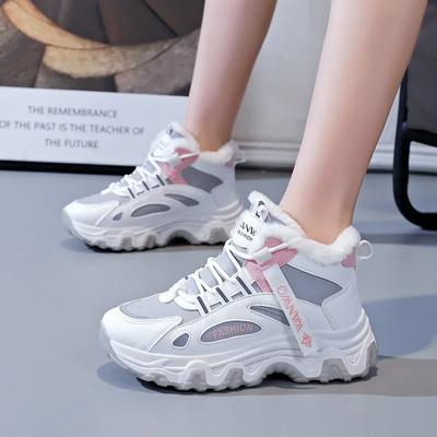 Модная зимняя женская массивная обувь «папины кроссовки» 2024 новинка, теплые плюшевые кроссовки на платформе, женские удобные зимние ботинки, женские меховые ботильоны на шнуровке