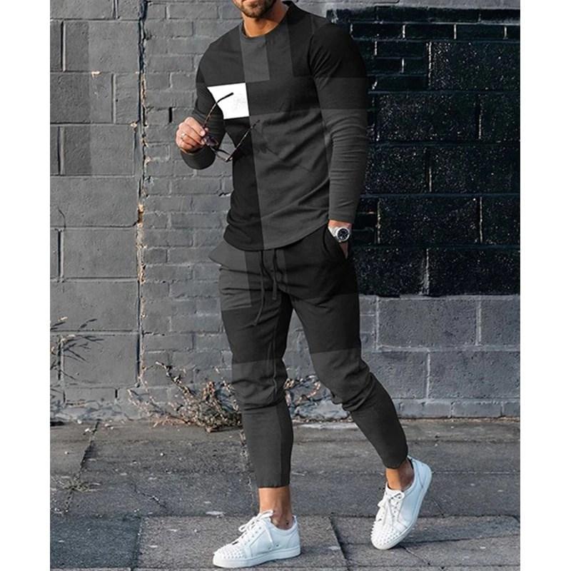 Fashion Splicing Color 3D Printing Men's Sportswear Set Casual Long-sleeved Pants 2-piece Set Oversized Pullover Men's Clothing