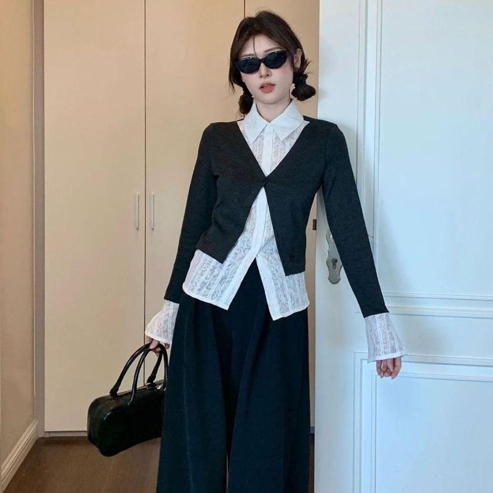 Flip Collar False Two-piece Top Korean Style Lace Long Sleeved Knitwear Knitted Top Women Party