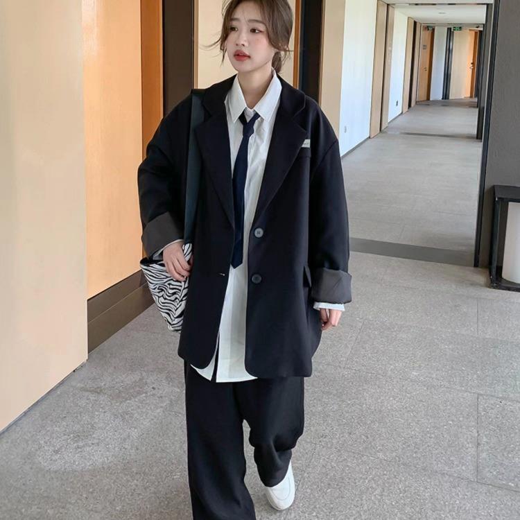 Casual Black Suit Jacket with Chic College Style - Perfect for Autumn