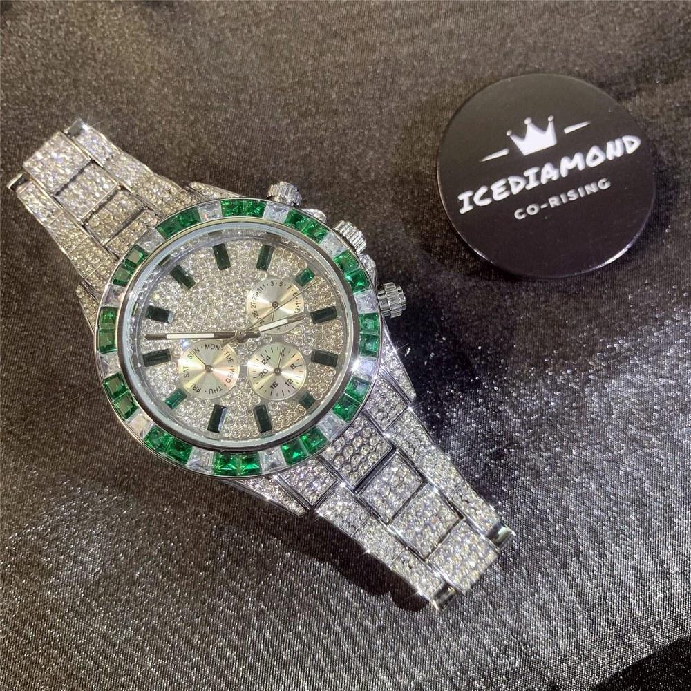 ICEDIAMOND 3-глазные кварцевые часы с лабораторным бриллиантом Кубик Недельный календарь Отображение часовых поясов Мужские и женские Зеленый круглый циферблат